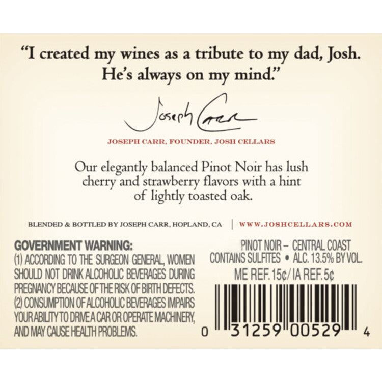 Josh Cellars Pinot Noir Central Coast - 375ML - Back Label