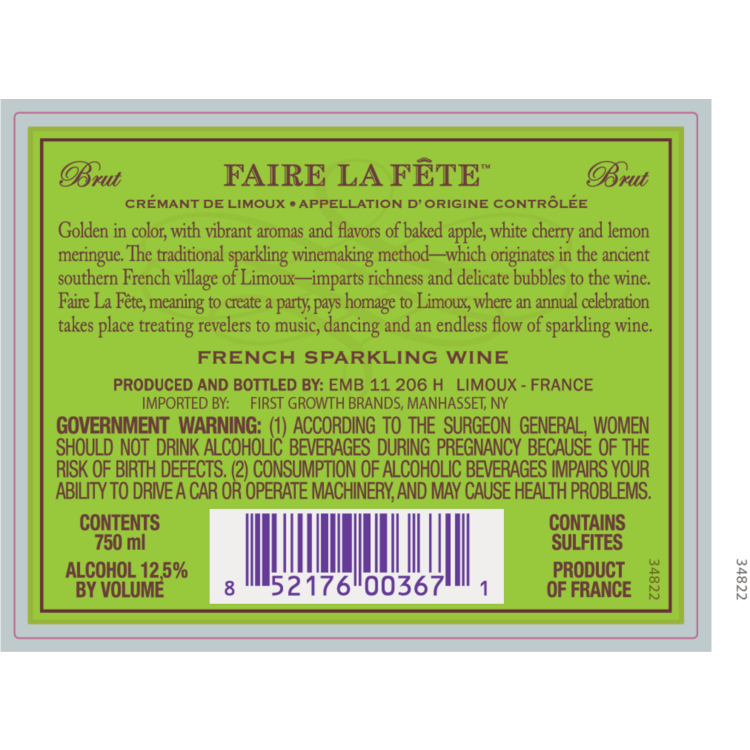 Faire La Fete Cremant De Limoux Brut - 750ML - Back Label