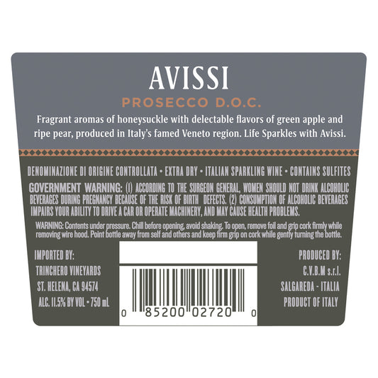 Avissi Prosecco Extra Dry - 187ML - Back Label