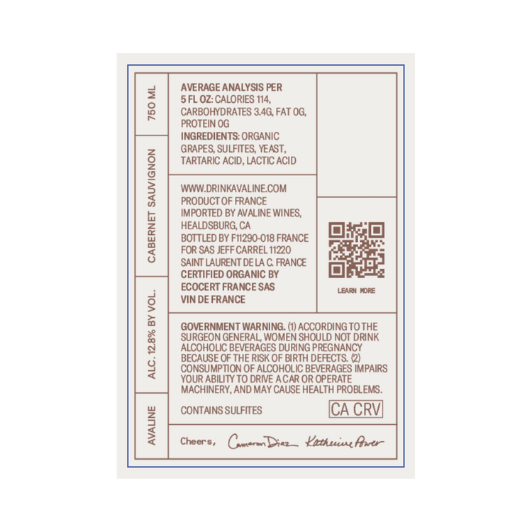 Avaline Cabernet Sauvignon Wahluke Slope Made With Organic Grapes - 750ML - Back Label