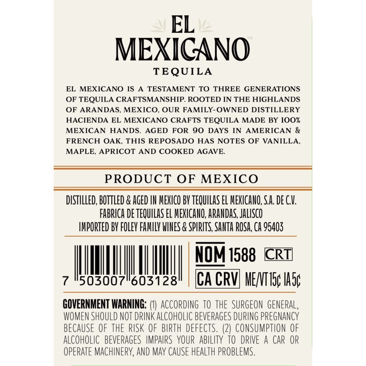 El Mexicano Tequila Reposado 80 - 750ML - Back Label