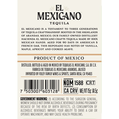 El Mexicano Tequila Reposado 80 - 750ML - Back Label