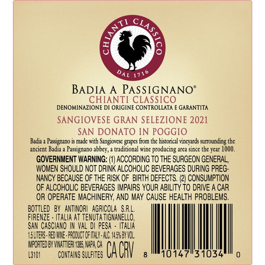 Antinori Badia A Passignano Chianti Classico Gran Selezione 2022 - 750ML - Back Label