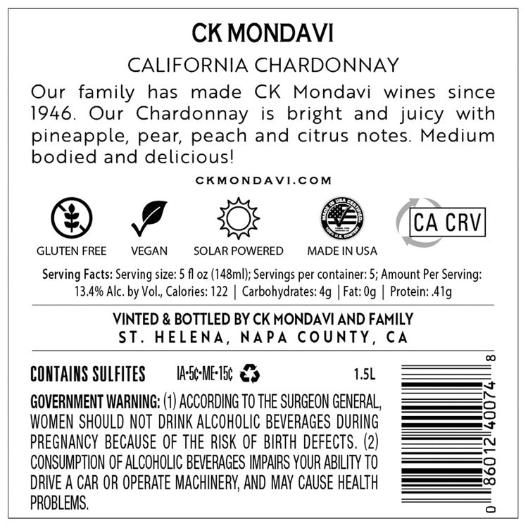 Ck Mondavi Chardonnay California - 1.5L - Back Label