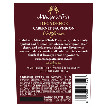 Menage A Trois Cabernet Sauvignon Decadence California - 750ML - Back Label