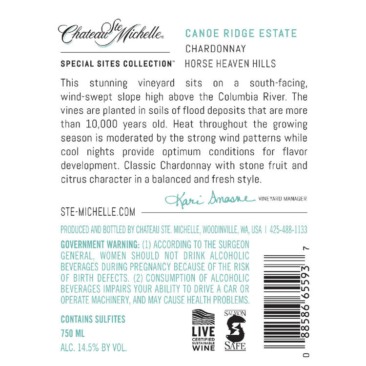Chateau Ste. Michelle Chardonnay Canoe Ridge Estate Horse Heaven Hills - 750ML - Back Label
