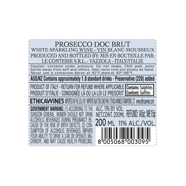 Le Contesse Prosecco Brut - 750ML - Back Label