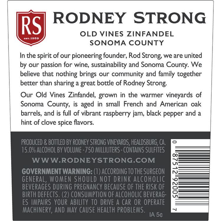 Rodney Strong Zinfandel Old Vines Sonoma County 2019 - 750ML
