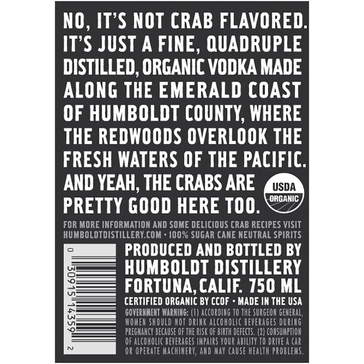 Humboldt Distillery Vodka Small Batch Limited Release 80 - 750ML - Back Label