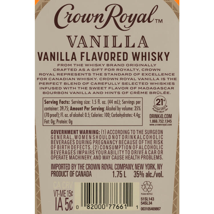 Crown Royal Vanilla Flavored Whiskey 70 - 1.75L - Back Label