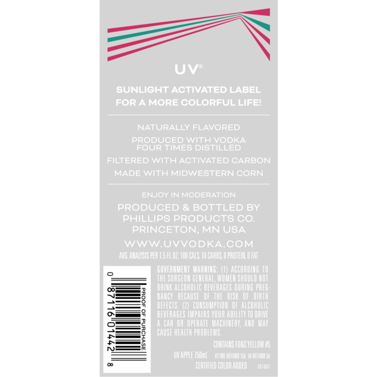 Uv Apple Flavored Vodka 60 - 750ML - Back Label