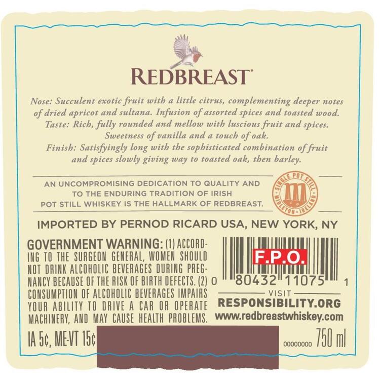 Redbreast Single Pot Still Irish Whiskey Cask Strength 12 Yr 114.4 - 750ML - Back Label