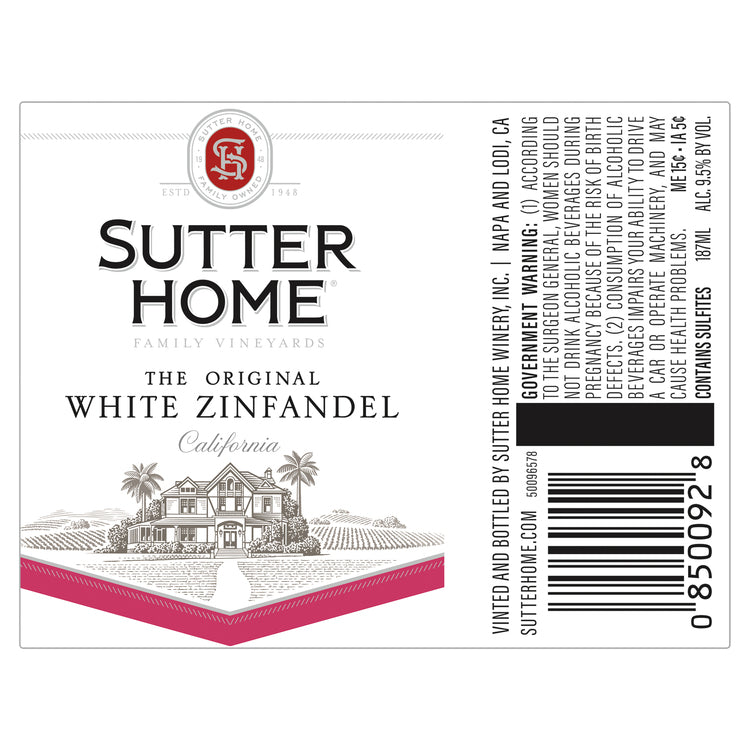 Sutter Home Zinfandel White Zinfandel California - 187ML - Front Label
