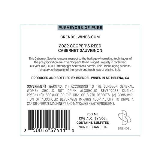 Brendel Wines Cabernet Sauvignon Cooper's Reed North Coast 2022 - 750ML - Back