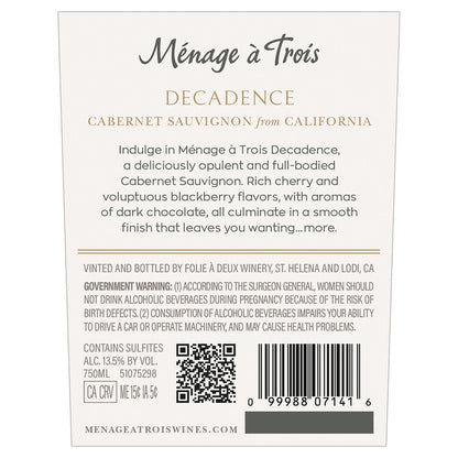 Menage A Trois Cabernet Sauvignon Decadence California - 750ML - Back Label
