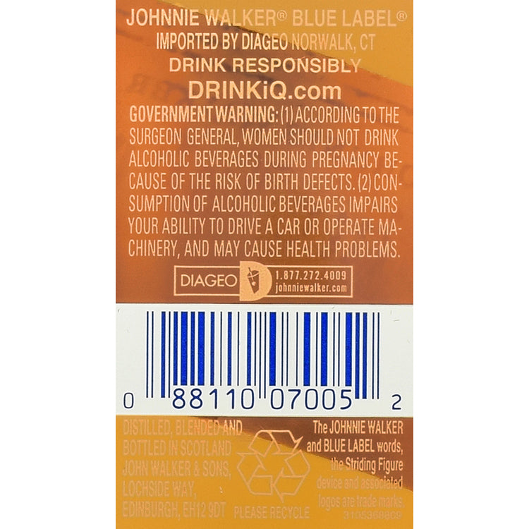 Johnnie Walker Blended Scotch Blue Label 80 - 750ML - Back Label
