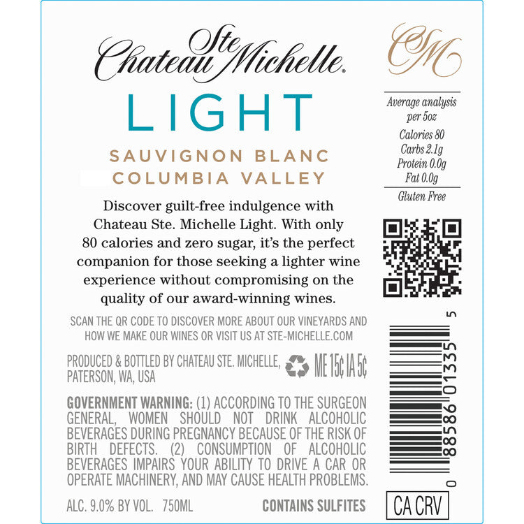 Chateau Ste. Michelle Sauvignon Blanc Light Columbia Valley - 750ML - Back Label