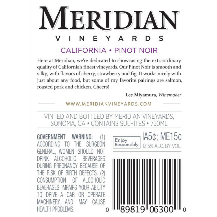 Meridian Vineyards Pinot Noir California - 750ML - Back Label