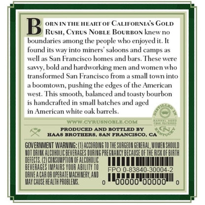 Cyrus Noble Bourbon Small Batch 90 - 750ML - Back Label
