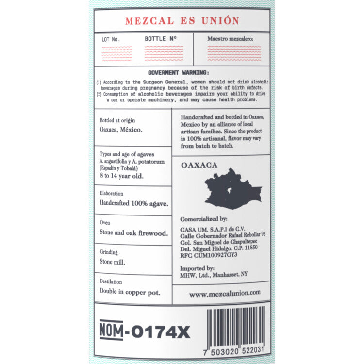 Union Uno Mezcal El Viejo 90 - 750ML - Back Label