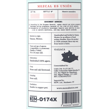 Union Uno Mezcal El Viejo 90 - 750ML - Back Label