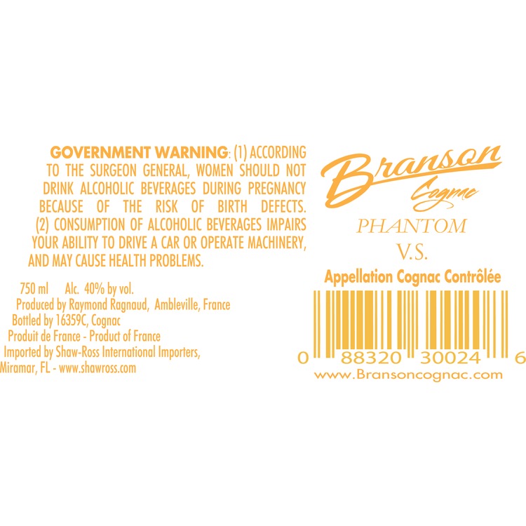 Branson Cognac Phantom Vs 80 - 750ML - Back Label