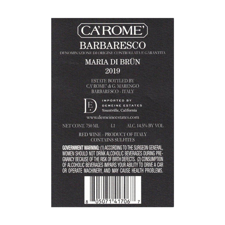 Ca'Rome' Barbaresco Maria Di Brun 2019 - 750ML - Back