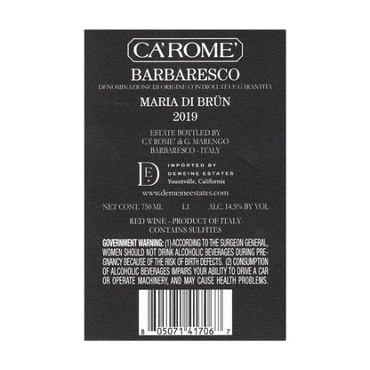 Ca'Rome' Barbaresco Maria Di Brun 2019 - 750ML - Back