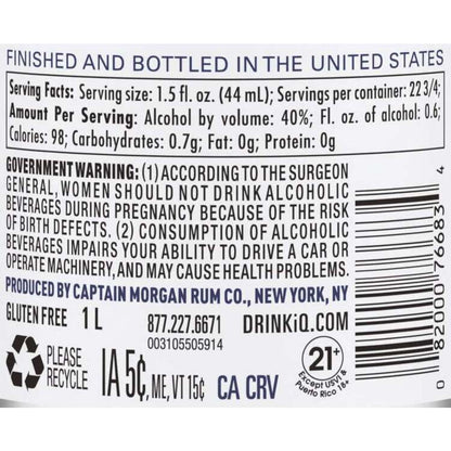 Captain Morgan Light Rum Signature White Caribbean Rum 80 - 1.0L - Back Label
