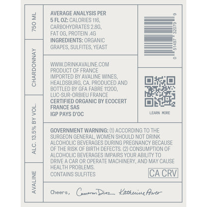 Avaline Chardonnay Pays D'Oc Made With Organic Grapes - 750ML