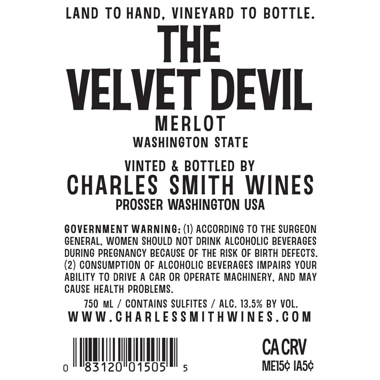 Charles Smith Wines Merlot The Velvet Devil Washington - 750ML - Back Label