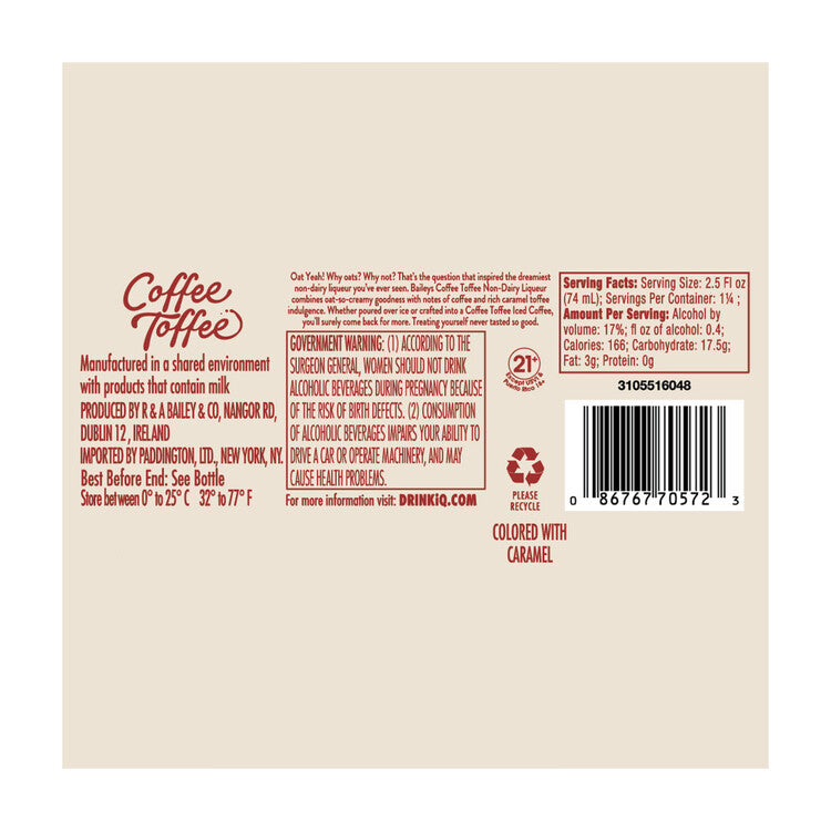 Baileys Cream Liqueur Coffee Toffee Non-Dairy Made With Oat Milk 34 - 100ML - Back Label