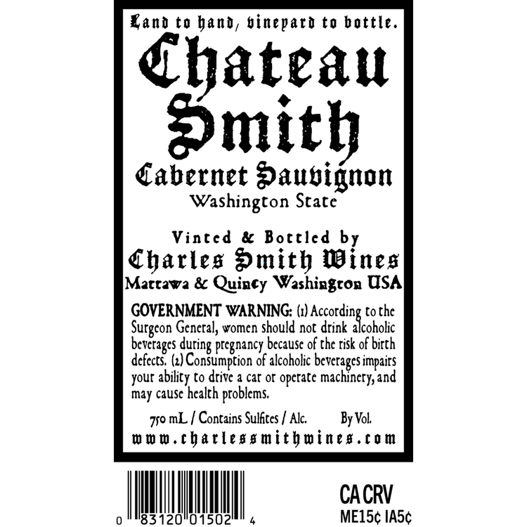 Charles Smith Wines Cabernet Sauvignon Chateau Smith Washington - 750ML - Back Label