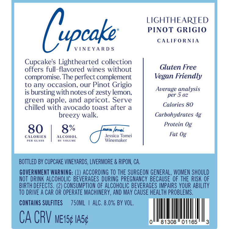 Cupcake Pinot Grigio Lighthearted California - 750ML - Back