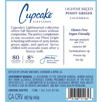 Cupcake Pinot Grigio Lighthearted California - 750ML - Back