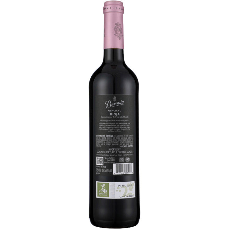 Beronia Rioja Graciano 2020 - 750ML - Back