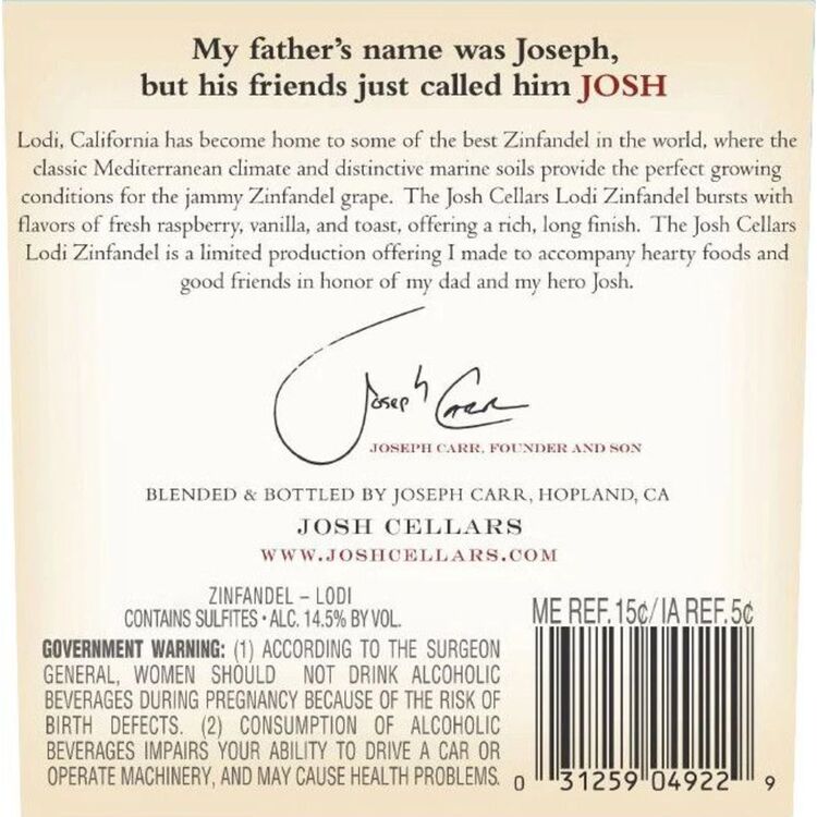 Josh Cellars Zinfandel Lodi - 750ML - Back Label