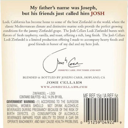 Josh Cellars Zinfandel Lodi - 750ML - Back Label