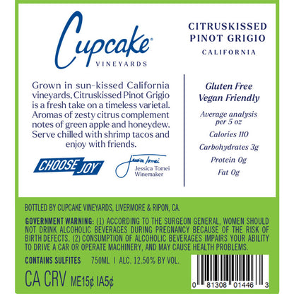 Cupcake Vineyards Pinot Grigio Citruskissed California - 750ML - Back