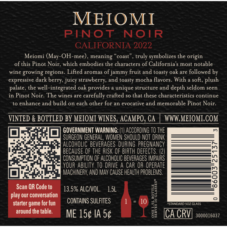 Meiomi Pinot Noir Limited Release California - 1.5L - Back Label