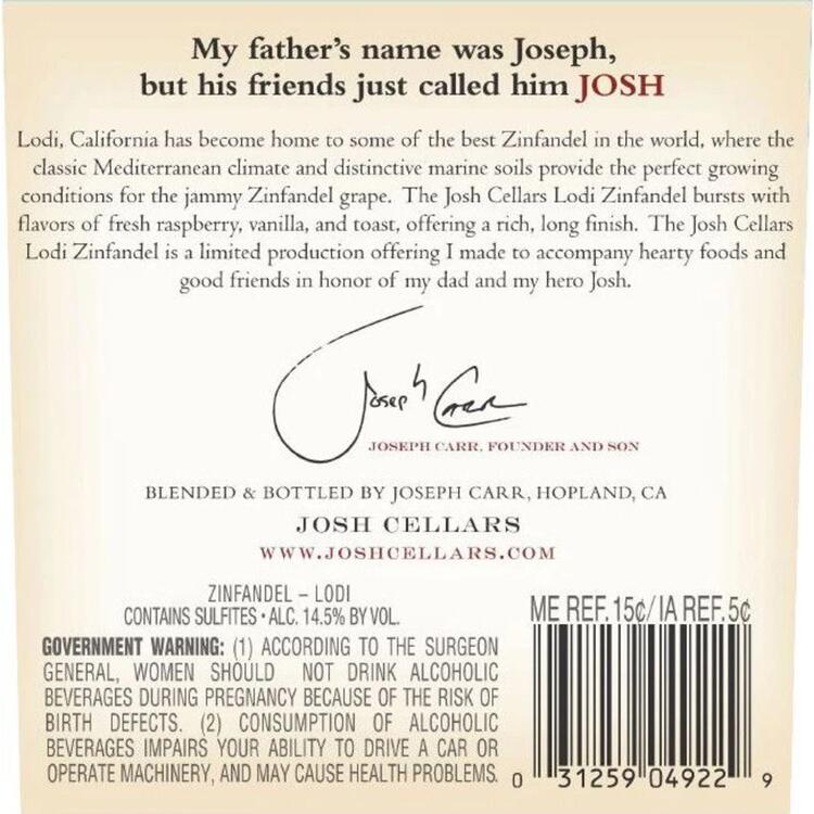 Josh Cellars Zinfandel Lodi - 750ML - Back Label