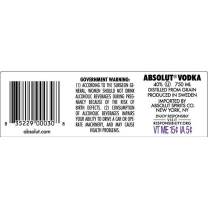 Absolut Vodka 80 - 750ML - Back Label