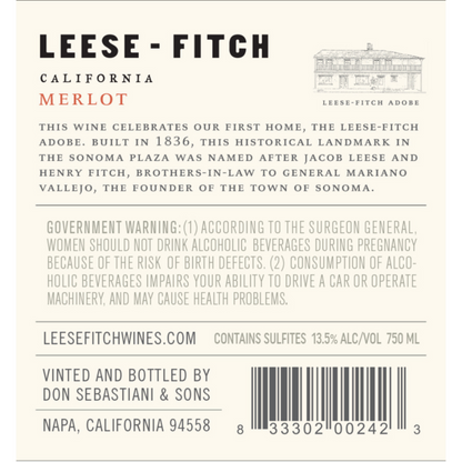 Leese Fitch Merlot California - 750ML - Back Label