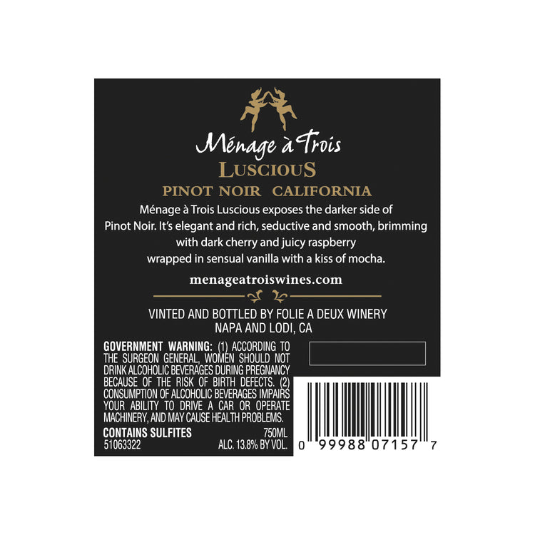 Menage A Trois Pinot Noir Luscious California - 750ML - Back Label
