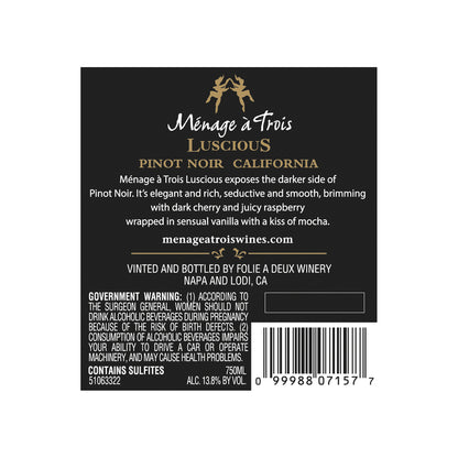 Menage A Trois Pinot Noir Luscious California - 750ML - Back Label