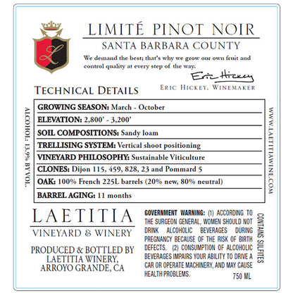 Laetitia Pinot Noir Limite Santa Barbara County 2018 - 750ML - Back Label