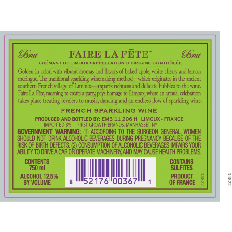 Faire La Fete Cremant De Limoux Brut - 750ML - Back Label
