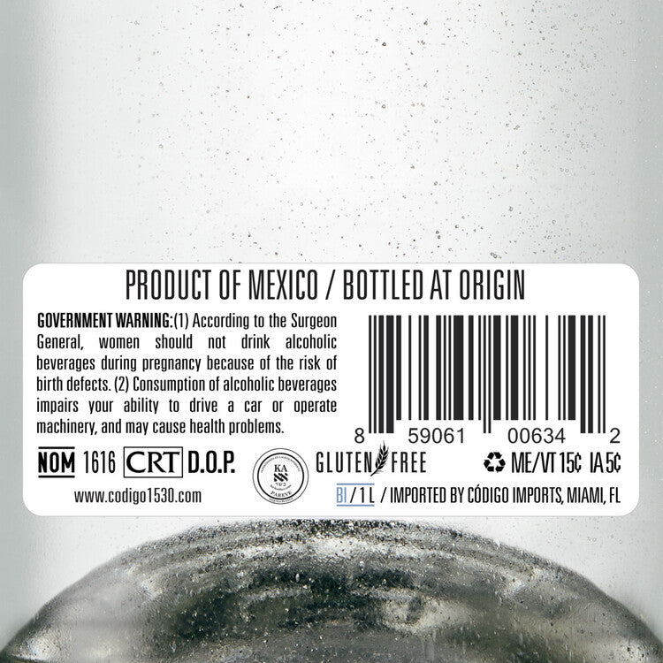 Codigo 1530 Tequila Blanco 80 - 1.0L - Back Label