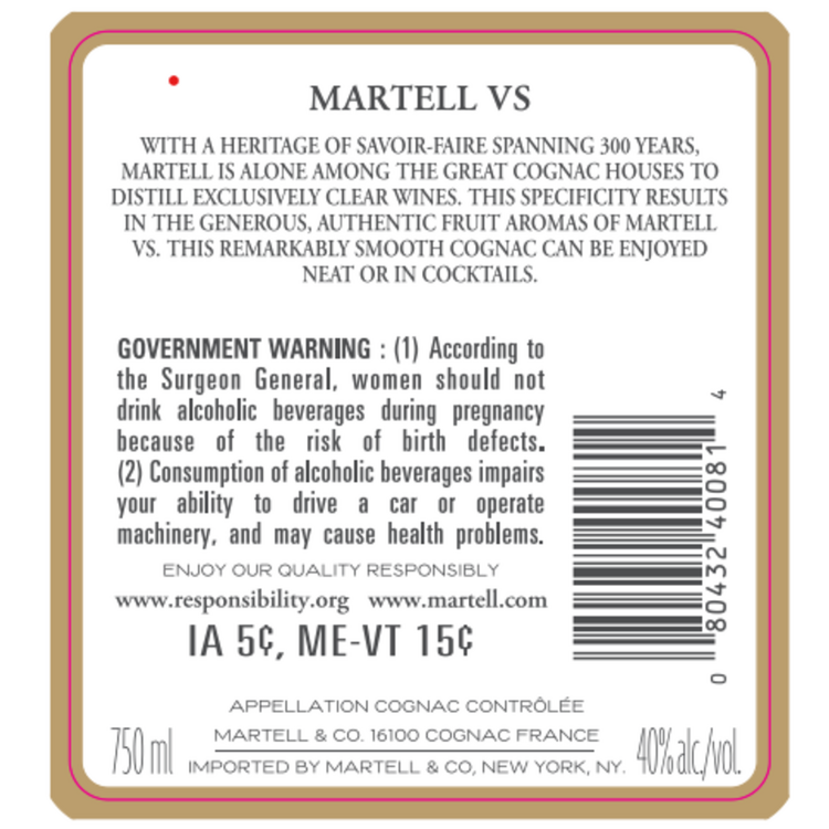 Martell Cognac Vs 80 - 750ML - Back Label