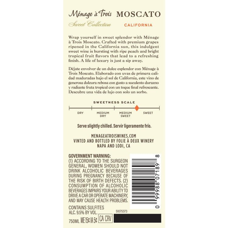 Menage A Trois Moscato Sweet White Blend Sweet Collection California - 750ML - Back Label